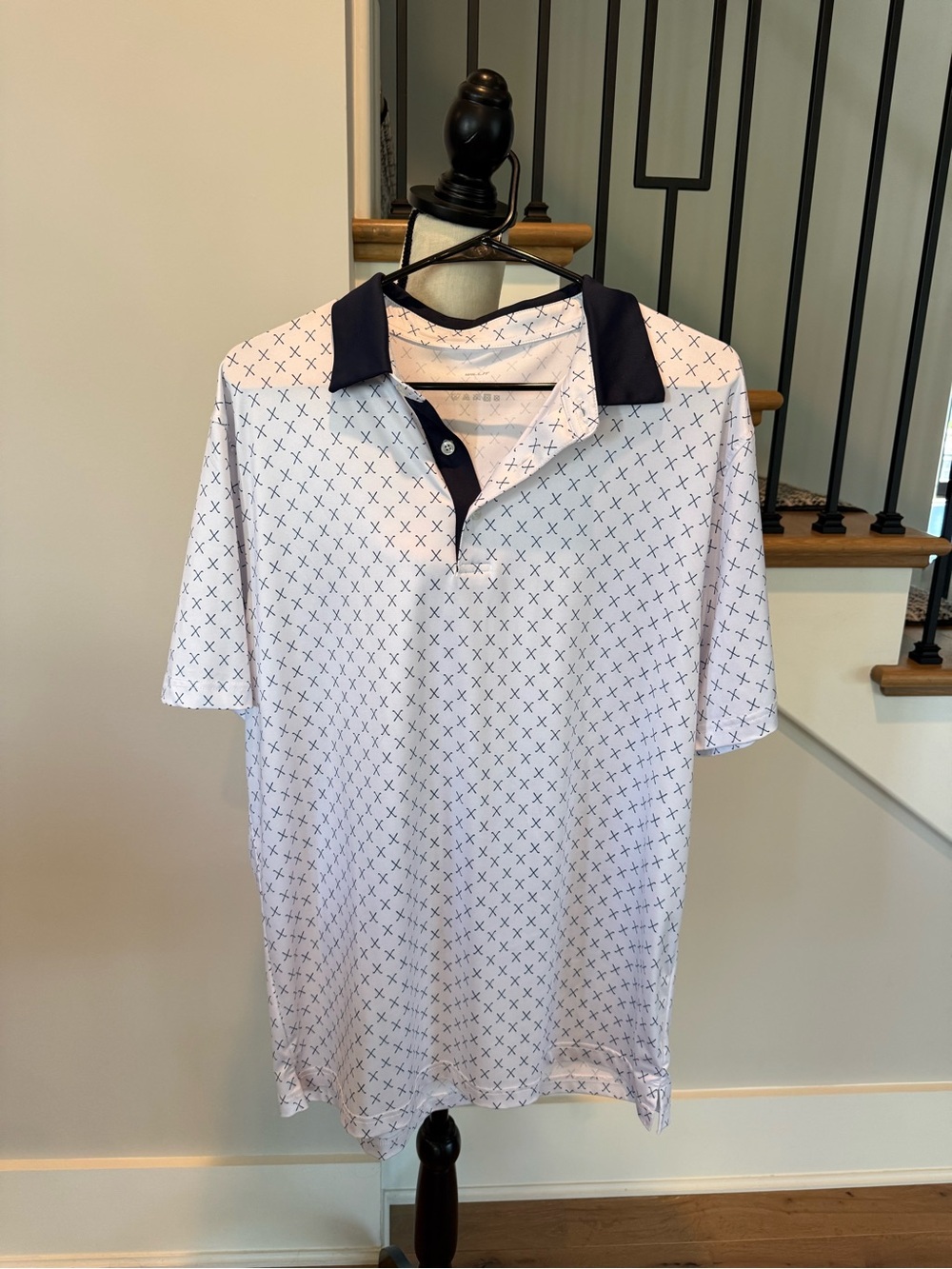 Men's White Polo with Navy Mini Cross Print and Navy Contrast Collar